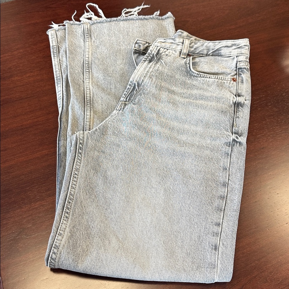 High Rise Wide Leg Gray Wash Raw Hem Denim Jeans